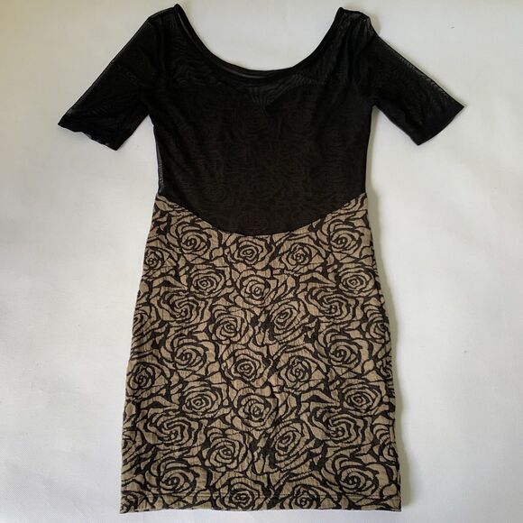 Vintage Manito Bodycon Dress Women Medium Tan Black Floral Rose Sheer Mesh Party - Picture 2 of 12